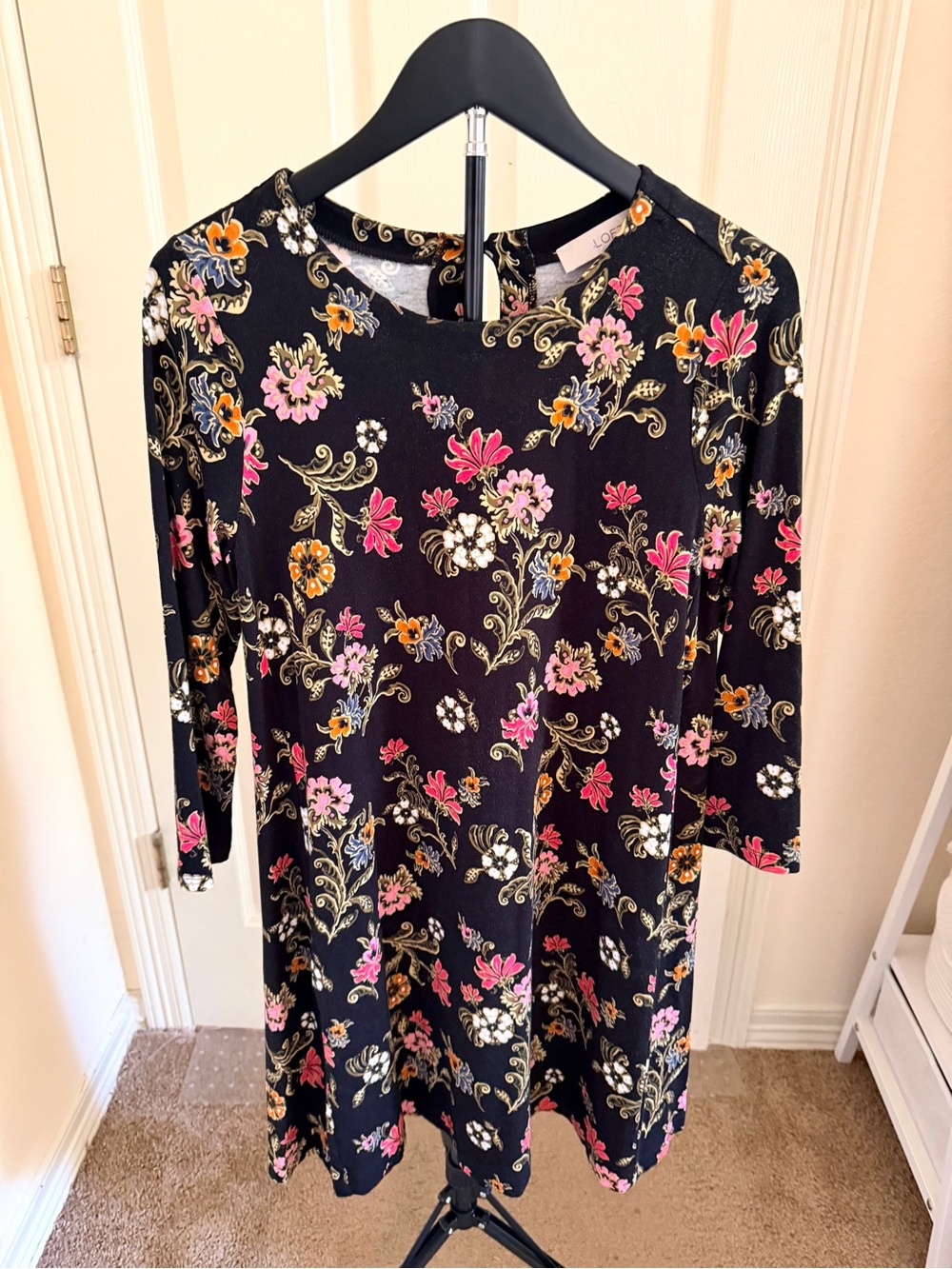 LOFT Black Floral Long-Sleeve A-Line Dress with Pink & Green Accents